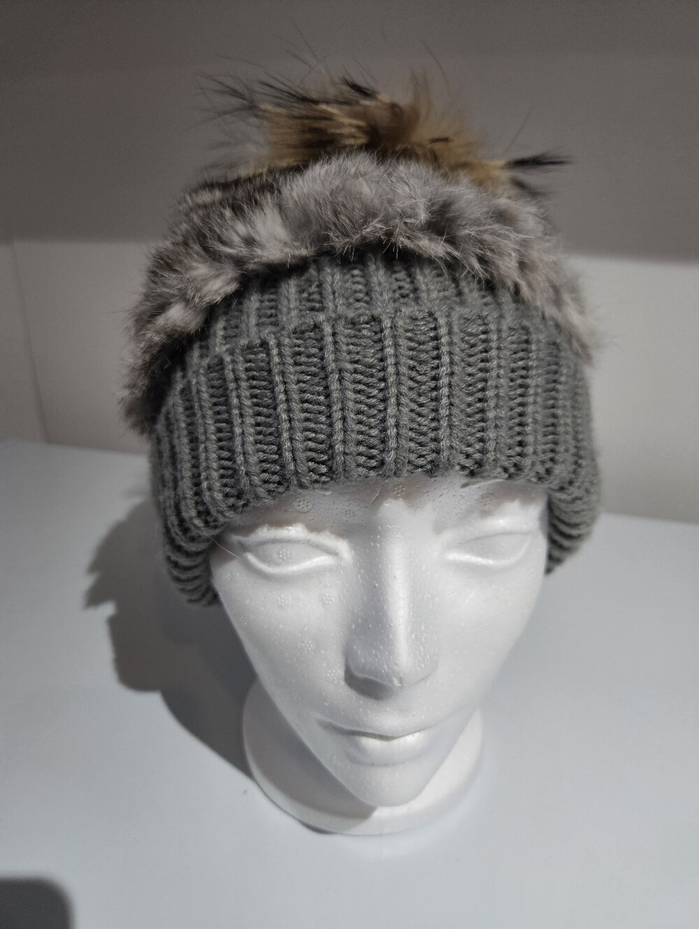 Rabbit Fur & Knit Winter Touque Hat With Fur Puff Pompom